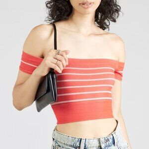 BDG Off The Shoulder Crop Top Size Medium Red Rouge Rib Knit Striped Bardot